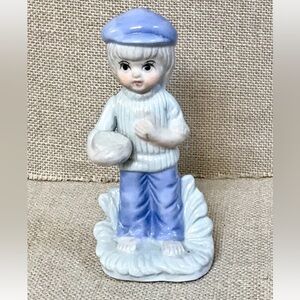 Vintage Poor Newsboy Child Figurine Dickensian Storybook Cool Colors Coastal